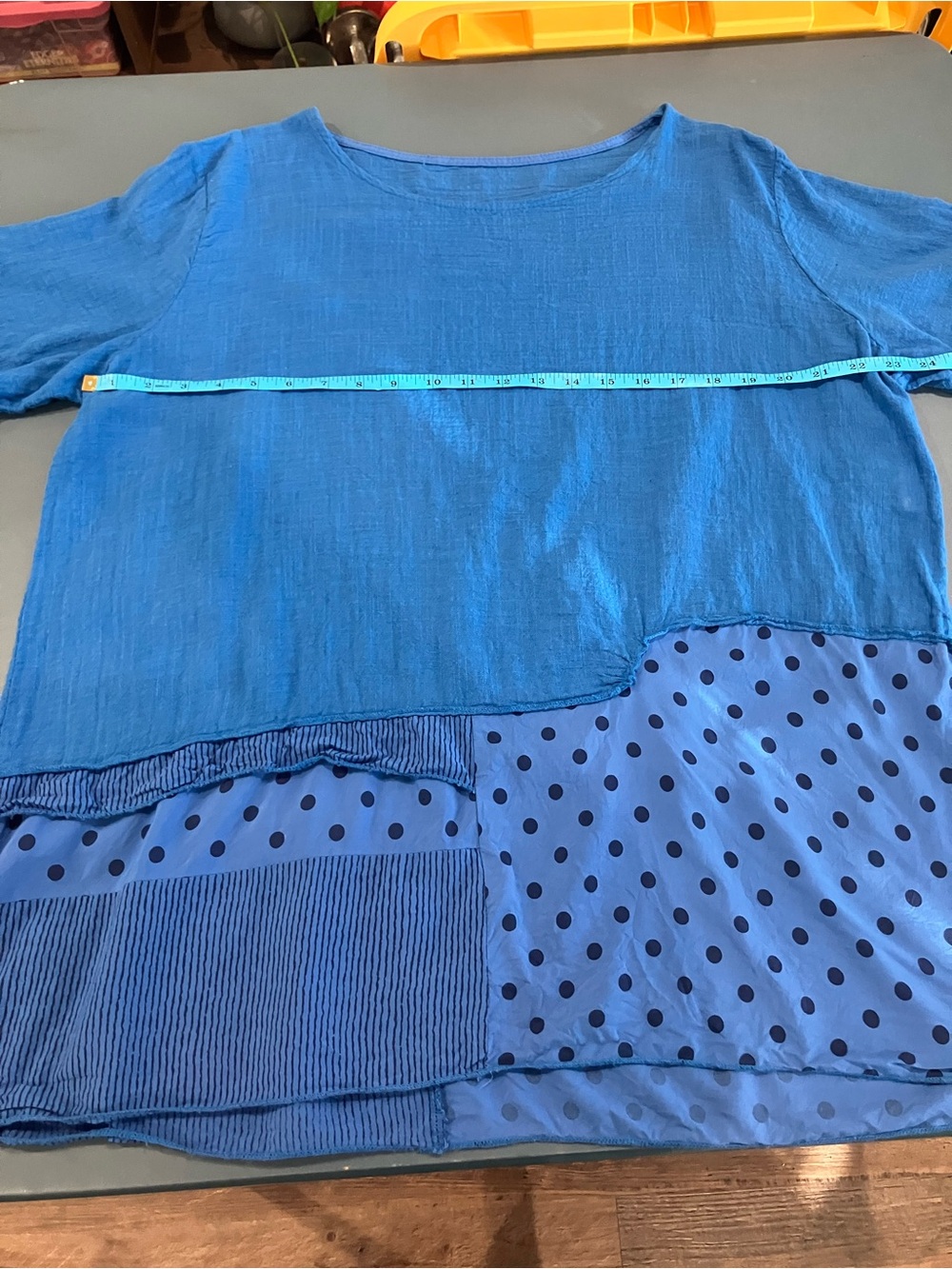 Women's Cotton Lagenlook Blue Mixed-Panel Short Sleeve Tunic - Picture 6 of 7